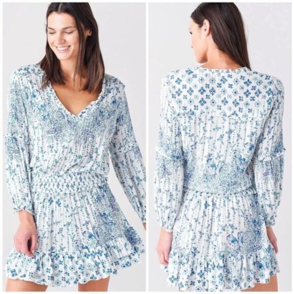 NWOT Poupette St Barth Ilona Long Sleeve Printed Mini Dress Blue Parrot Large